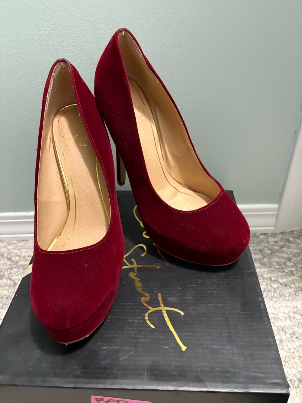 Colin Stuart Burgundy Velvet Platform Pumps